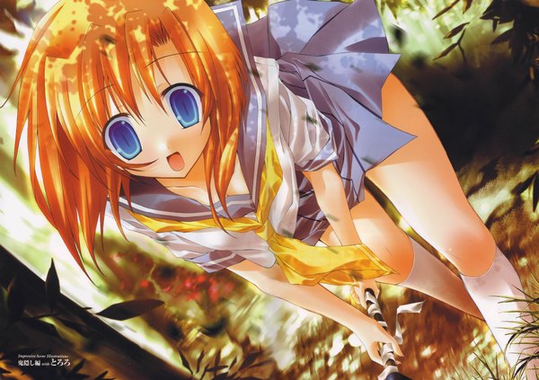 Anime picture 4246x3000 with higurashi no naku koro ni studio deen ryuuguu rena tororo single looking at viewer fringe highres short hair open mouth blue eyes smile holding signed outdoors :d pleated skirt wind scan orange hair