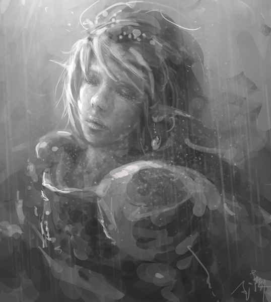 Anime picture 2400x2676 with original wlop single long hair tall image highres blonde hair eyes closed from above pointy ears grey background monochrome portrait rain girl earrings water