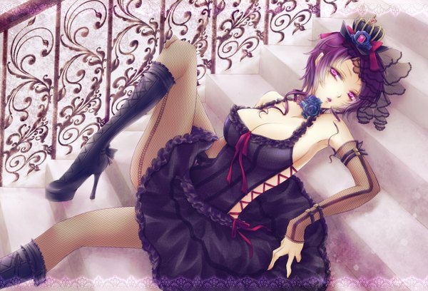 Anime picture 1250x850 with single short hair breasts light erotic purple eyes cleavage purple hair high heels girl dress hair ornament detached sleeves thigh boots crown stairs
