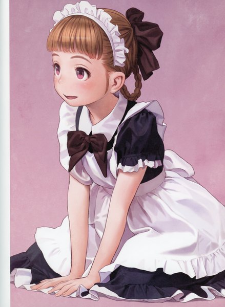 Anime picture 5092x6966 with futurelog (artbook) range murata single tall image highres short hair open mouth simple background brown hair sitting looking away absurdres braid (braids) light smile scan short sleeves maid grey eyes puffy sleeves purple background
