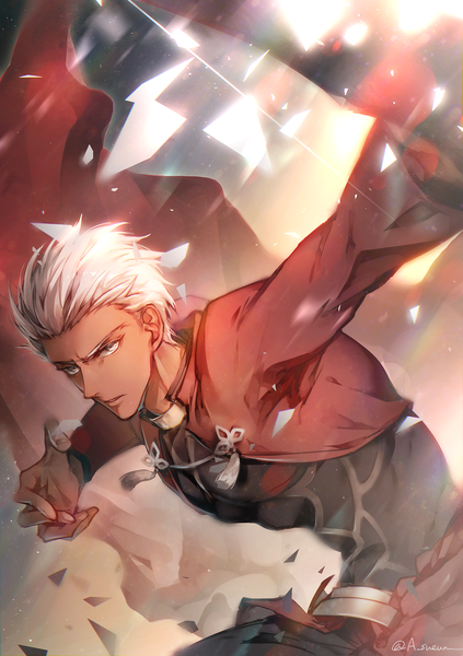 Anime picture 863x1224 with fate (series) fate/stay night archer (fate) sueun single tall image looking at viewer short hair signed silver hair twitter username dark skin silver eyes fighting stance boy tassel