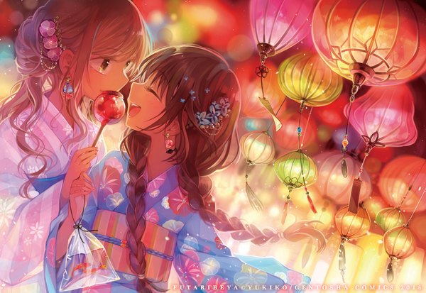 Anime picture 1890x1304 with original yukinokoe long hair fringe highres open mouth brown hair standing multiple girls holding brown eyes looking away braid (braids) eyes closed traditional clothes parted lips japanese clothes profile hair flower teeth