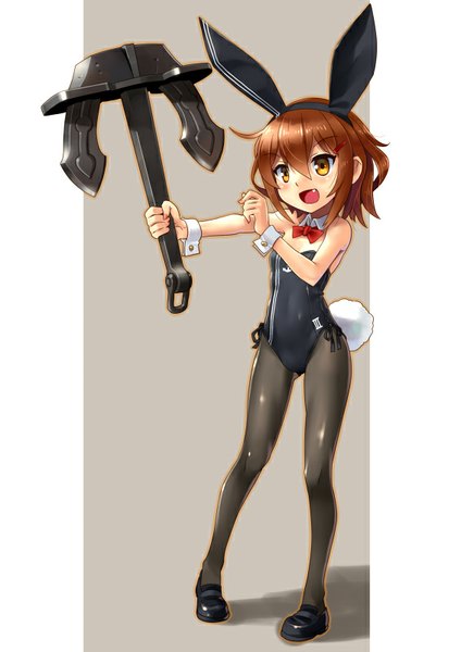 Anime picture 566x800 with kantai collection ikazuchi destroyer katahira masashi single tall image blush short hair open mouth light erotic brown hair bare shoulders holding brown eyes animal ears tail animal tail teeth fang (fangs) bunny ears fake animal ears