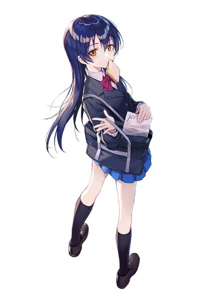 Anime picture 849x1200 with love live! school idol project sunrise (studio) love live! sonoda umi huanxiang heitu single long hair tall image looking at viewer fringe simple background hair between eyes white background yellow eyes blue hair full body from above food in mouth toast in mouth girl