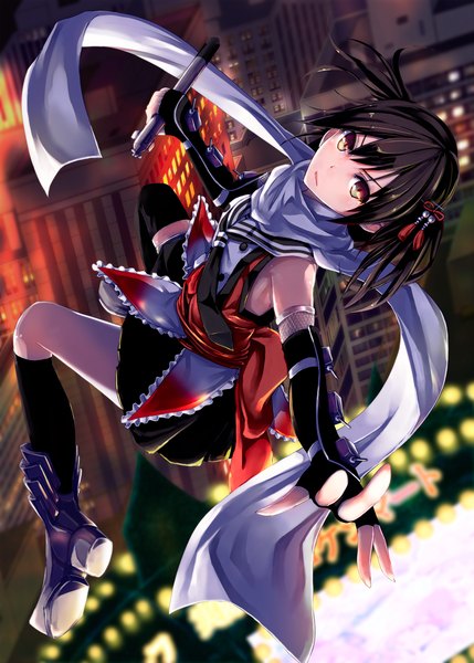 Anime picture 858x1200 with kantai collection sendai light cruiser konkito single tall image looking at viewer short hair brown hair bare shoulders brown eyes two side up city cityscape city lights girl hair ornament weapon socks boots hairclip