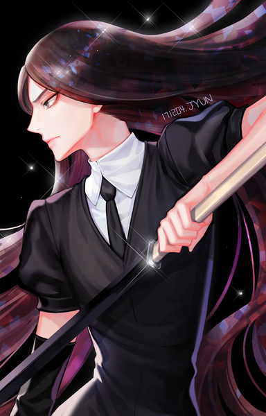 Anime-Bild 1500x2341 mit houseki no kuni bort jyun (pixiv14105493) single long hair tall image black hair simple background signed looking away upper body profile black eyes sparkle puffy sleeves floating hair dated black background fighting stance androgynous