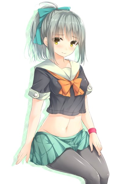 Anime picture 808x1211 with kantai collection yuubari light cruiser miko (royal milk) single tall image looking at viewer short hair simple background white background sitting yellow eyes silver hair ponytail midriff girl skirt navel bow hair bow pantyhose