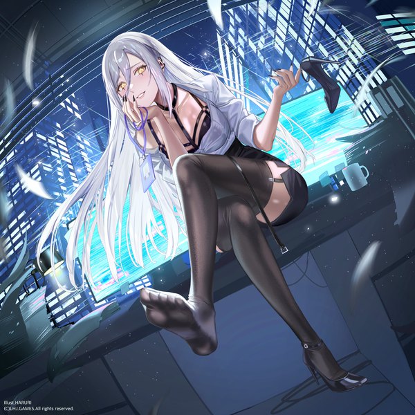 Anime picture 2000x2000 with original haruri single long hair looking at viewer blush fringe highres breasts light erotic smile hair between eyes sitting yellow eyes silver hair full body fingernails dutch angle legs grin