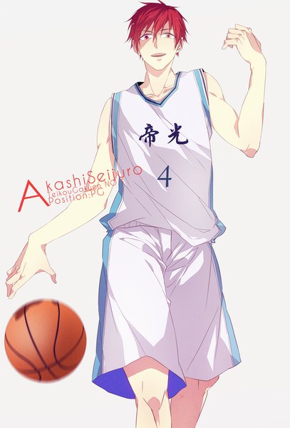 Anime picture 626x922 with kuroko no basket production i.g akashi seijuurou sara666 (roentgen666) single tall image looking at viewer short hair open mouth simple background red hair grey background character names heterochromia clothes writing basketball boy uniform gym uniform ball