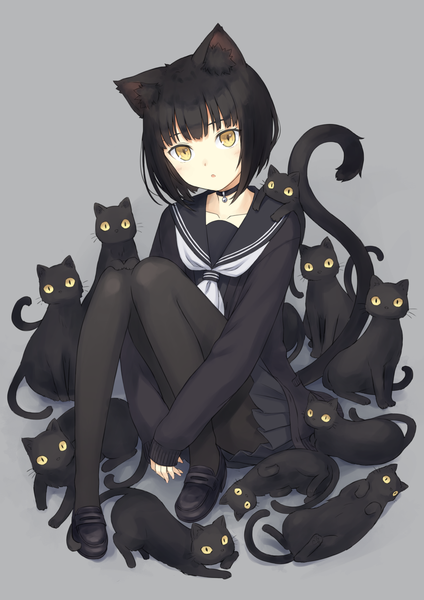Anime picture 1280x1810 with original 104 single tall image looking at viewer short hair black hair simple background sitting animal ears yellow eyes full body tail animal tail cat ears grey background cat girl cat tail animal on shoulder girl