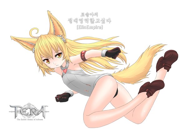 Anime picture 2000x1400 with tera online rjehf (artist) single long hair highres light erotic blonde hair white background animal ears yellow eyes animal tail girl gloves shoes