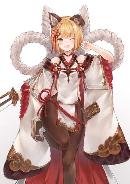 Anime picture 964x1363 with granblue fantasy vajra (granblue fantasy) fuwawa (fuwawa617) single tall image looking at viewer blush fringe short hair open mouth light erotic blonde hair simple background standing white background bare shoulders animal ears one eye closed wink standing on one leg