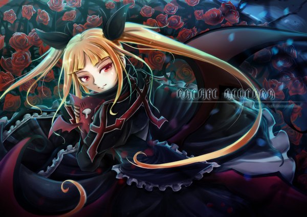 Anime picture 2000x1414 with blazblue rachel alucard single fringe highres blonde hair red eyes twintails looking away light smile close-up black wings lolita fashion goth-loli gothic girl flower (flowers) wings frills rose (roses)