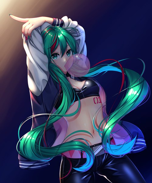 Anime picture 2500x3000 with vocaloid hatsune miku inu8neko single long hair tall image looking at viewer blush fringe highres breasts light erotic simple background hair between eyes standing twintails red hair nail polish multicolored hair fingernails