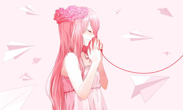 Anime picture 1900x1148 with vocaloid just be friends (vocaloid) megurine luka savi (byakushimc) single long hair blush highres simple background smile wide image pink hair upper body eyes closed profile hair flower sleeveless pink background hands clasped girl