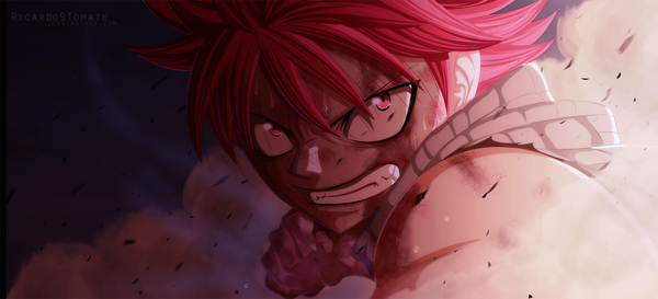 Anime picture 1500x683 with fairy tail natsu dragneel ric9duran single short hair wide image pink hair pink eyes sweat sleeveless grin coloring close-up smoke face muscle angry boy scarf fist