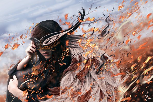 Anime picture 1024x683 with original dj-hayabusa single long hair brown hair signed 2010 girl hood mask fire splashes