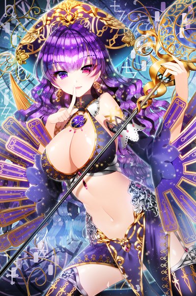 Anime picture 584x877 with chain chronicle sega aile (crossroads) single long hair tall image looking at viewer breasts light erotic large breasts purple hair heterochromia finger to mouth girl navel detached sleeves staff