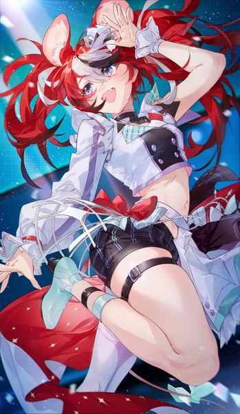 Anime picture 1266x2178 with virtual youtuber hololive hololive english hakos baelz chap sal ! single long hair tall image fringe open mouth blue eyes hair between eyes standing twintails animal ears looking away red hair :d multicolored hair midriff
