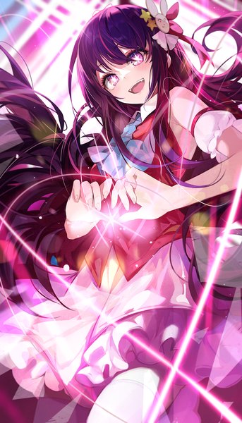 Anime picture 1000x1750 with oshi no ko hoshino ai (oshi no ko) goomrrat single long hair tall image fringe open mouth hair between eyes purple eyes purple hair :d from below symbol-shaped pupils heart hands girl hair ornament detached sleeves