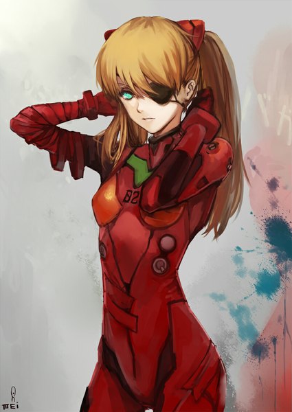Anime picture 800x1130 with neon genesis evangelion rebuild of evangelion evangelion: 3.0 you can (not) redo gainax soryu asuka langley charimei single long hair tall image simple background brown hair twintails green eyes grey background arms behind head girl eyepatch pilot suit