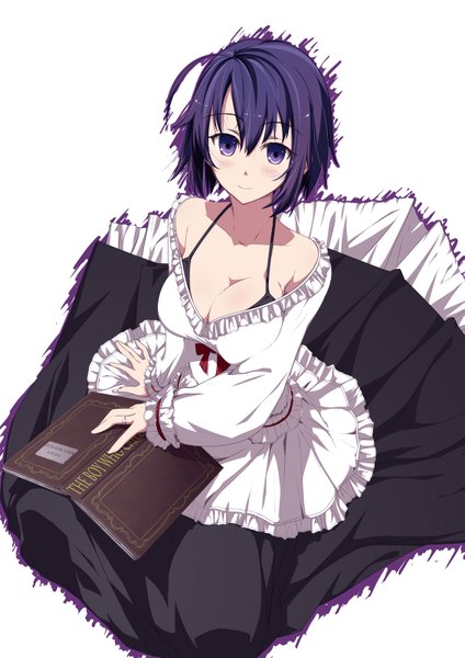 Anime picture 1131x1600 with yoshida takuma single tall image looking at viewer blush short hair breasts simple background white background purple eyes purple hair girl dress book (books)