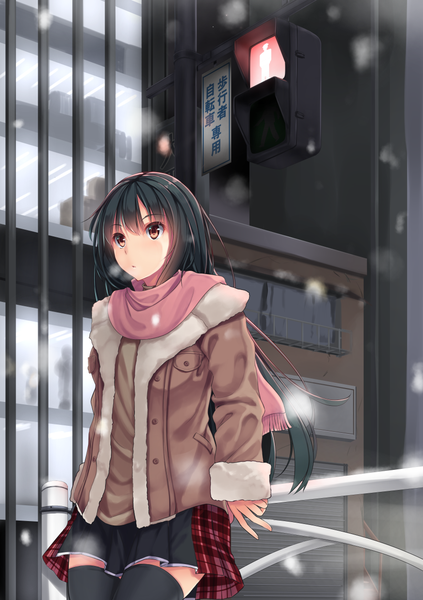 Anime picture 885x1254 with original karakura0 single long hair tall image black hair red eyes standing open clothes open jacket fur trim snowing winter waiting girl thighhighs skirt black thighhighs jacket scarf