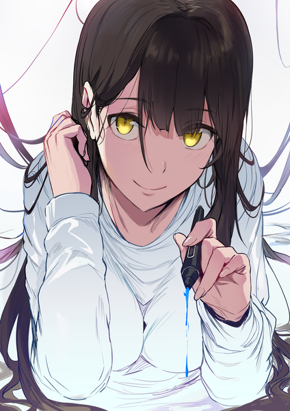 Anime picture 4961x7016 with original hews single long hair tall image looking at viewer fringe highres breasts black hair simple background smile hair between eyes white background holding yellow eyes absurdres long sleeves girl sweater