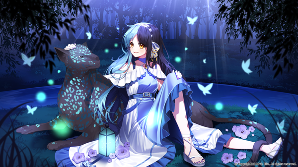 Anime picture 1900x1069 with original eile (esspril) single blush fringe highres open mouth black hair wide image sitting bare shoulders yellow eyes blue hair looking away full body outdoors very long hair nail polish multicolored hair sunlight