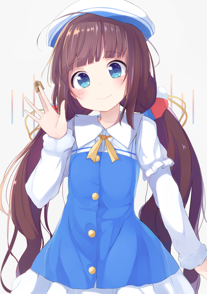 Anime picture 1055x1500 with ryuuou no oshigoto! hinatsuru ai okota mikan single long hair tall image looking at viewer blush fringe blue eyes brown hair twintails ahoge head tilt low twintails girl beret shougi