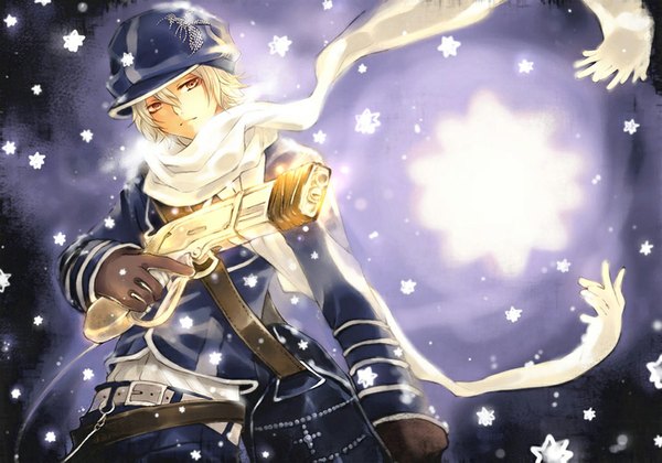 Anime picture 1024x717 with tegami bachi gauche suede welkin (artist) single short hair white hair snowing winter boy gloves uniform weapon hat belt scarf gun bag cap snowflake (snowflakes)