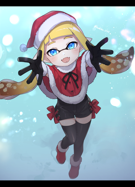 Anime picture 727x1000 with splatoon nintendo inkling takeko spla single long hair tall image looking at viewer open mouth blue eyes blonde hair signed full body :d pointy ears fang (fangs) zettai ryouiki twitter username christmas letterboxed