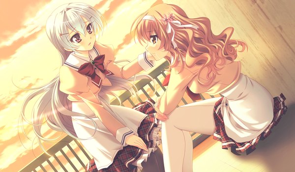Anime picture 1024x600 with houkago kitchen long hair red eyes brown hair wide image sitting multiple girls game cg white hair tears girl uniform hair ornament 2 girls school uniform hairband