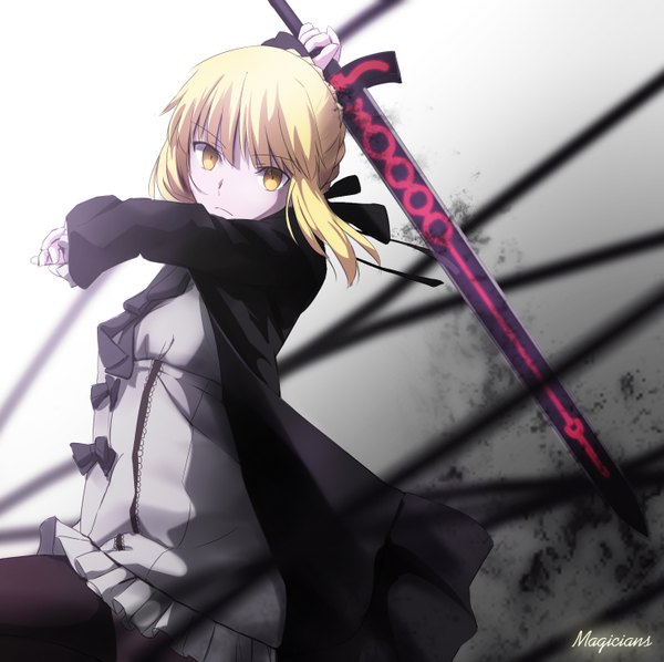 Anime picture 1476x1473 with fate (series) fate/stay night type-moon artoria pendragon (all) saber magicians (zhkahogigzkh) single long hair fringe blonde hair standing holding signed yellow eyes braid (braids) arm behind head fighting stance girl thighhighs ribbon (ribbons)