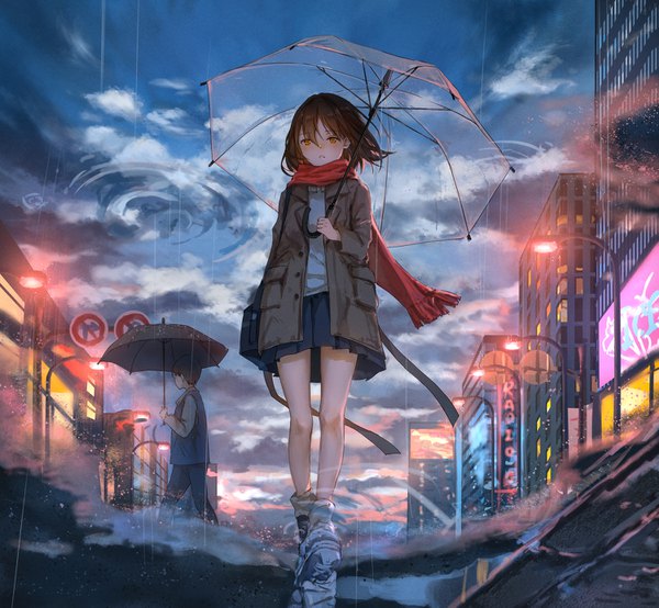 Anime picture 1500x1385 with original catzz blush fringe short hair hair between eyes holding sky cloud (clouds) full body outdoors parted lips pleated skirt open clothes from below city reflection rain walking ripples