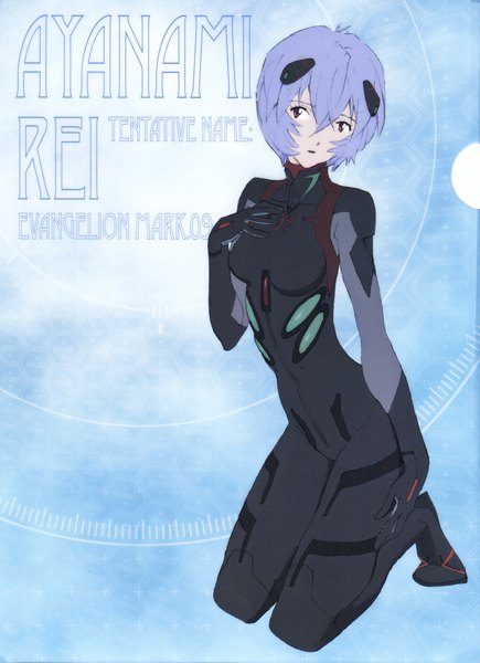 Anime picture 3374x4650 with neon genesis evangelion rebuild of evangelion evangelion: 3.0 you can (not) redo gainax ayanami rei single tall image looking at viewer fringe highres short hair hair between eyes red eyes blue hair absurdres full body bent knee (knees) parted lips head tilt scan