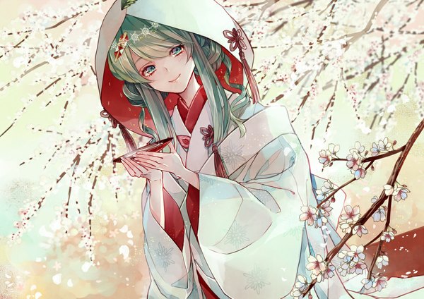 Anime picture 1131x800 with vocaloid hatsune miku yuki miku yuki miku (2013) mikuni (mikunik) single long hair looking at viewer smile traditional clothes japanese clothes aqua eyes aqua hair cherry blossoms girl hair ornament flower (flowers) plant (plants) tree (trees) kimono