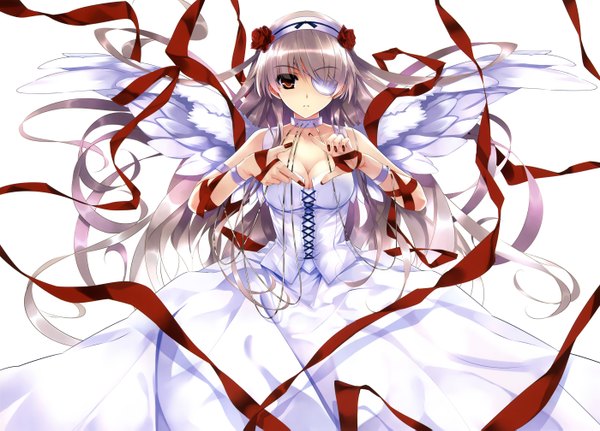 Anime picture 2800x2014 with misaki kurehito long hair highres simple background white background cleavage silver hair nail polish orange eyes girl dress ribbon (ribbons) wings hairband eyepatch