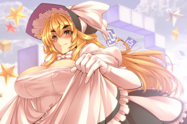 Anime picture 3000x2000 with touhou yakumo yukari tro single long hair blush highres breasts light erotic blonde hair yellow eyes light smile huge breasts girl dress gloves hat elbow gloves