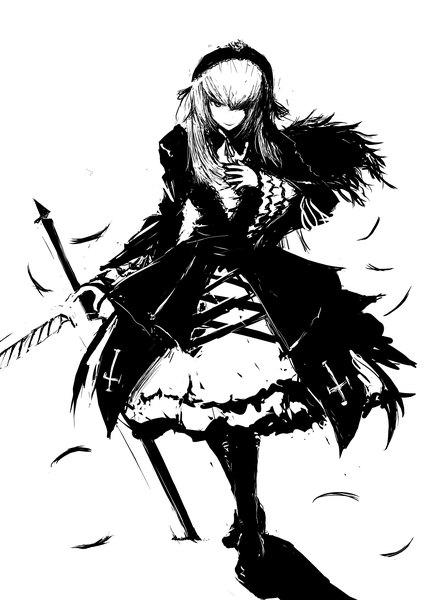 Anime picture 2480x3507 with rozen maiden suigintou sate2801 single long hair tall image looking at viewer highres simple background smile white background white hair shadow monochrome goth-loli girl dress hair ornament ribbon (ribbons) sword