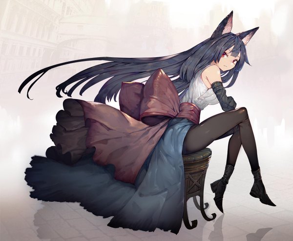 Anime picture 1535x1264 with touhou imaizumi kagerou onion (onion and pi-natto) single long hair looking at viewer fringe breasts black hair red eyes sitting animal ears full body bent knee (knees) alternate costume floating hair turning head reflection wolf ears wolf girl