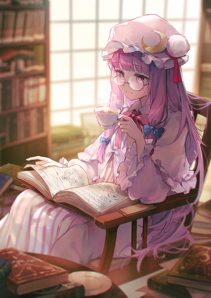 Anime picture 1447x2047 with touhou patchouli knowledge kyusoukyu single long hair tall image sitting purple eyes purple hair indoors steam tress ribbon reading girl bow hair bow hat glasses book (books) bonnet