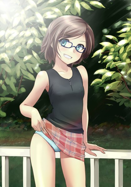 Anime picture 1181x1681 with original mis res single tall image short hair light erotic smile brown hair green eyes skirt lift girl underwear panties plant (plants) glasses