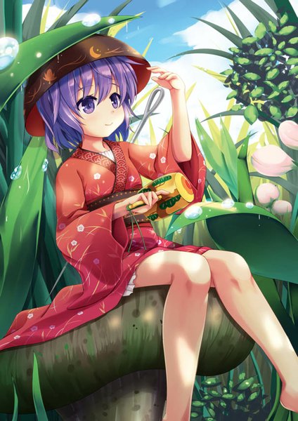 Anime picture 606x857 with touhou sukuna shinmyoumaru niiya single tall image blush short hair smile sitting purple eyes sky purple hair cloud (clouds) traditional clothes japanese clothes barefoot legs seigaiha girl flower (flowers)