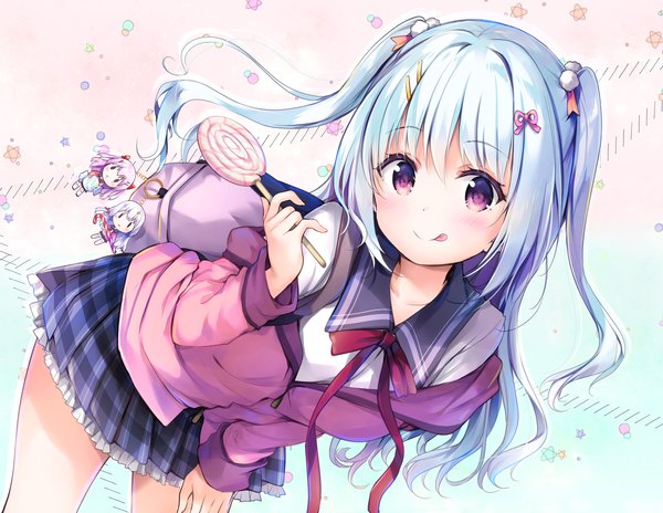 Anime picture 1818x1408 with original hisama kumako single long hair looking at viewer blush fringe highres smile hair between eyes standing purple eyes holding blue hair long sleeves head tilt pleated skirt leaning two side up leaning forward