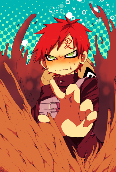 Anime picture 1340x1975 with naruto studio pierrot naruto (series) gaara single tall image looking at viewer blush highres short hair green eyes red hair inscription sweat sweatdrop angry jinchuriki boy