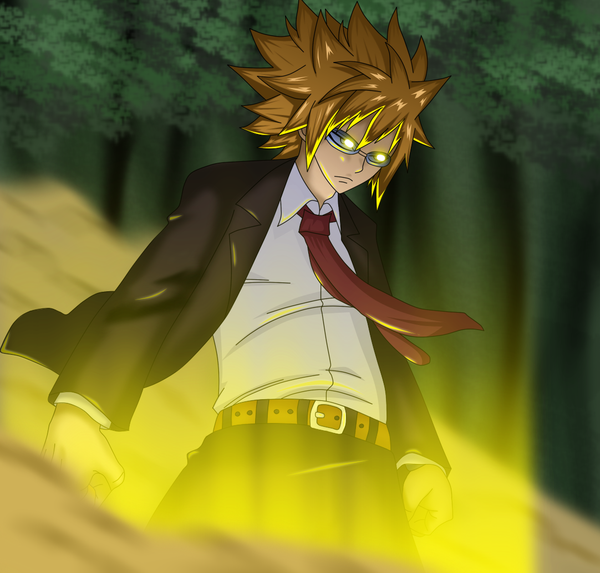 Anime picture 1082x1035 with fairy tail loke pollo1567 single short hair brown hair coloring magic light smoke boy plant (plants) tree (trees) glasses necktie belt pants suit fist