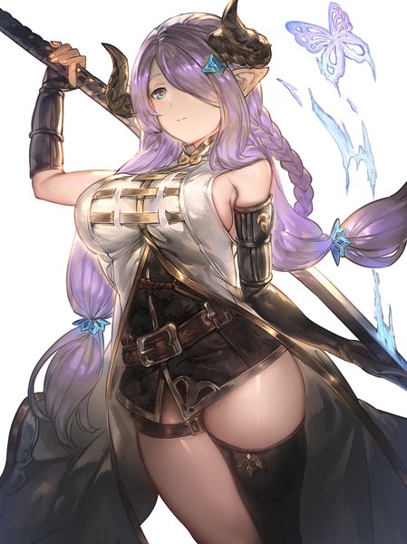 Anime picture 1123x1500 with granblue fantasy narmaya (granblue fantasy) aos single long hair tall image looking at viewer fringe breasts blue eyes light erotic simple background white background twintails holding braid (braids) horn (horns) fingernails pointy ears hair over one eye