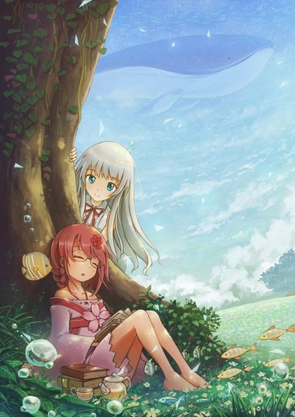 Anime picture 2480x3508 with sergestid shrimp in tungkang the personification of atmosphere xuan ying kuuki shoujo mitsuki (yu hsiang yi) long hair tall image looking at viewer fringe highres blue eyes smile sitting multiple girls sky cloud (clouds) red hair braid (braids) eyes closed barefoot
