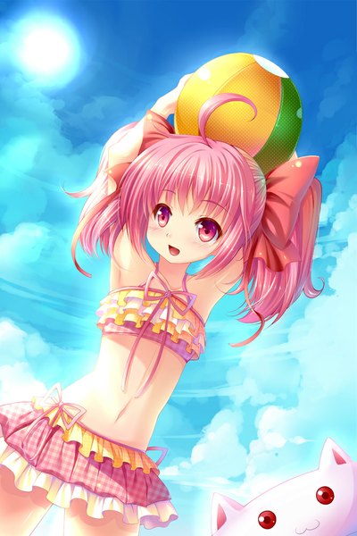 Anime picture 667x1000 with mahou shoujo madoka magica shaft (studio) kaname madoka kyuubee grandia bing single tall image blush short hair open mouth twintails pink hair sky cloud (clouds) pink eyes loli short twintails girl navel bow